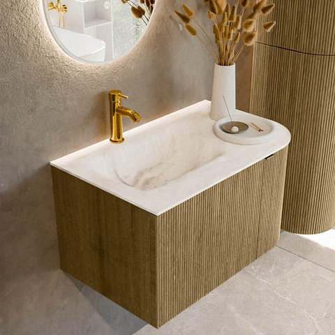 Mondiaz KURVE-DLUX Ensemble de meuble de salle de bains - 75x46x40cm - 1 tiroir - 1 porte - lavabo solid surface - gauche - 1 trou de robinet - Dusk SW1414867