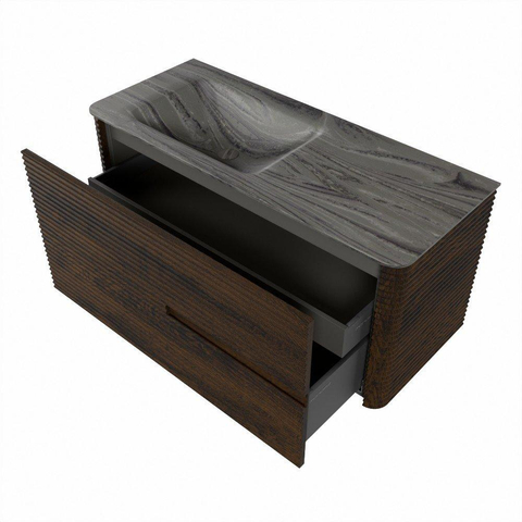 Mondiaz CIRO-DLUX Badkamermeubelset - 110x45x50cm - Solid surface wastafel Sombra - 1 wasbak Links - zonder kraangaten - 2 lades - Walnut SW1530755