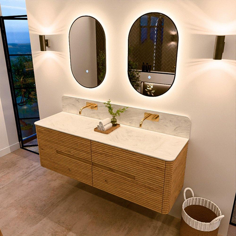 Mondiaz CIRO-DLUX Badkamermeubelset - 150x45x50cm - Solid surface wastafel Opalo - 2 wasbak Dubbel - zonder kraangaten - 4 lades - Oak SW1531025