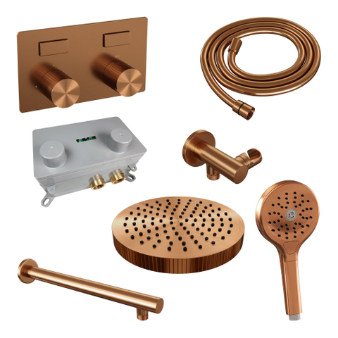 BRAUER Stripe Douche de tête thermostatique encastrée - boutons-poussoirs - SET 28 - pomme de douche 25cm - bras mural droit - douchette 3 positions - flexible de douche - coude mural - cuivre brossé PVD SW1434938