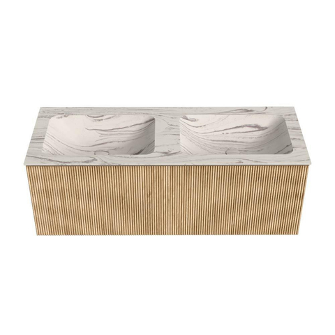 MONDIAZ KURVE-DLUX Meuble de salle de bains 120 cm couleur Oak avec 1 tiroir et 0 porte. Lavabo LEAF Double 2 trous de robinet Nata. SW1432122