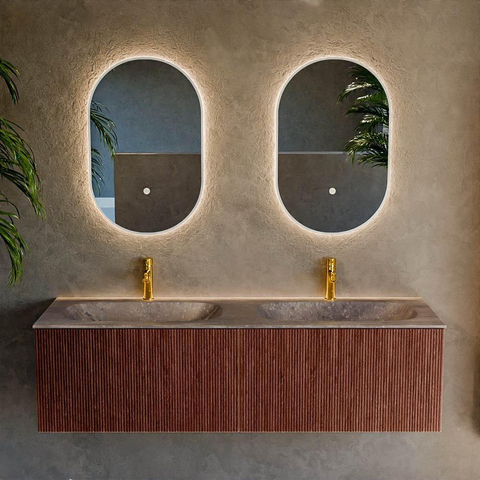 MONDIAZ KURVE-DLUX 150cm meuble de salle de bains couleur Ruby avec 2 tiroirs et 0 portes. Lavabo STOR SMALL Double 2 trous de robinet Oza. SW1432848
