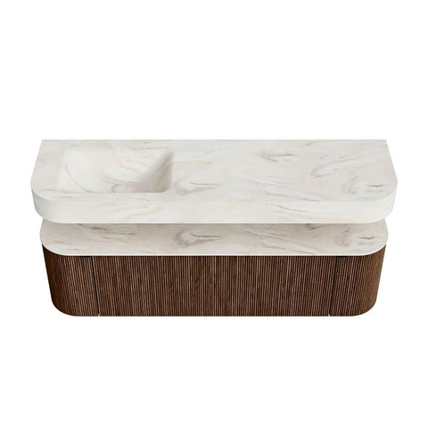 MONDIAZ THOR-DLUX 160cm meuble de salle de bains arrondi gauche + droite couleur Walnut avec 1 tiroir et 2 portes. Vasque suspendue CLOUD Gauche 1 trou de robinet couleur Ostra. SW1465032