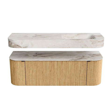 MONDIAZ THOR-DLUX 140cm meuble de salle de bains arrondi gauche + droite couleur Oak avec 1 tiroir et 2 portes. Vasque suspendue CLOUD Droite sans trou de robinet couleur Frappe. SW1463890
