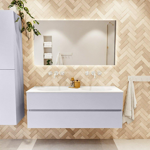 Mondiaz VICA Ensemble meuble de salle de bains - 130cm - cale - 2 tiroirs - Lavabo MOON - double sans trou de robinet - couleur talc - version XL 60cm de haut SW1189242