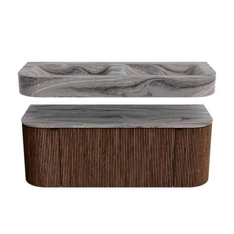 MONDIAZ THOR-DLUX 120cm badmeubel ronding links + rechts kleur Walnut met 1 lade en 2 deuren. Vrijhangende wastafel CLOUD Dubbel zonder kraangat kleur Sombra. SW1463648