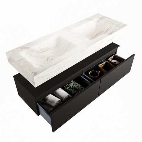 Mondiaz ALAN-DLUX Ensemble de meuble - 130cm - meuble Urban mat - 2 tiroirs - Lavabo Cloud Ostra suspendu - vasque Gauche et droite - 0 trous de robinet SW807335