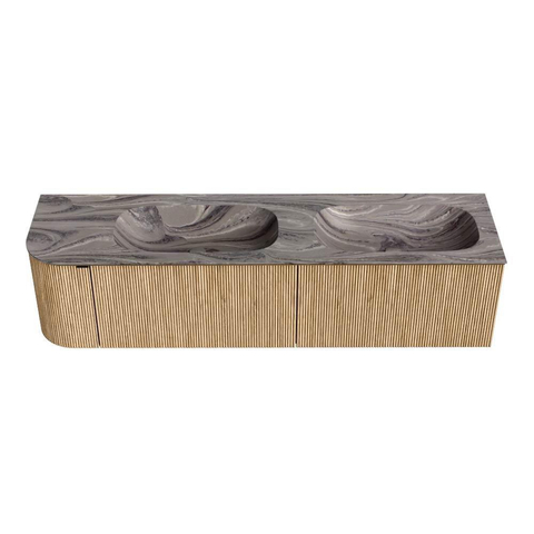 MONDIAZ KURVE-DLUX 175cm badmeubel ronding Links kleur Oak met 2 lades en 1 deur. Wastafel STOR SMALL Dubbel / Rechts zonder kraangat Sombra. SW1433611