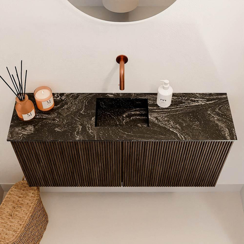 Mondiaz JOYA-DLUX 90cm meuble de salle de bains WC - couleur Walnut - Vasque FAYE position Milieu Sans trou de robinet couleur Lava. SW1422485