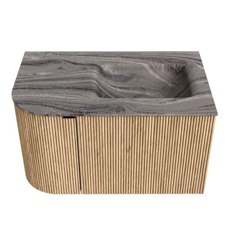 MONDIAZ KURVE-DLUX Meuble de salle de bains 75cm arrondi à gauche couleur Oak avec 1 tiroir et 1 porte. Lavabo GRUNNE à droite 1 trou de robinet Sombra. SW1433531
