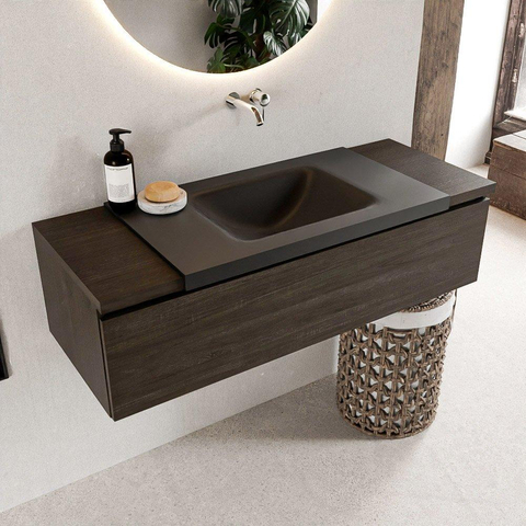 Ensemble de meuble de salle de bain Mondiaz BUKLA 120x45x34cm 0 trous de robinet lavabo centré solid surface Urban sans poignées 1 tiroir avec softclose Mélamine Marron foncé SW704922
