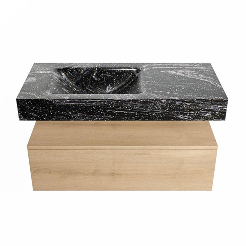 Mondiaz ALAN-DLUX Ensemble de meuble - 100cm - meuble Washed Oak mat - 1 tiroir - Lavabo Cloud Lava suspendu - vasque Gauche - 0 trous de robinet SW809007