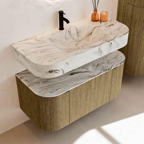 MONDIAZ THOR-DLUX 100cm meuble de salle de bains arrondi gauche + droite couleur Dusk avec 1 tiroir et 2 portes. Vasque suspendue CLOUD Milieu 1 trou de robinet couleur Glace. SW1467403