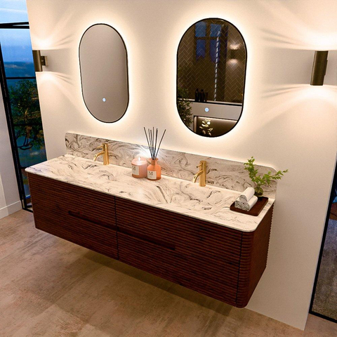 Mondiaz CIRO-DLUX Meuble de salle de bains - 180x45x50cm - Plan vasque solid surface Glace - 2 vasques Double - 2 trous de robinetterie - 4 tiroirs - Ruby SW1531701