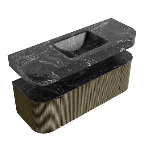 MONDIAZ THOR-DLUX 130cm meuble de salle de bains arrondi gauche + droite couleur Shadow avec 1 tiroir et 2 portes. Vasque suspendue CLOUD Milieu 1 trou de robinet couleur Lava. SW1463786