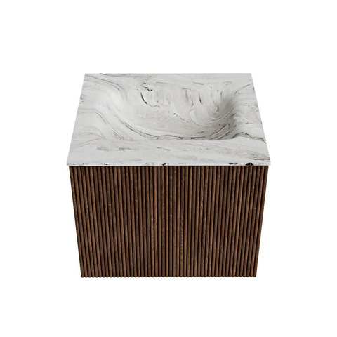 MONDIAZ KURVE-DLUX Meuble de salle de bains 50 cm couleur Walnut avec 1 tiroir. Lavabo GRUNNE central sans trou de robinet couleur Glace. SW1137975