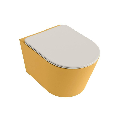 Mondiaz LAVIE hangtoilet – spoelrandloos – 36 x 53 cm – met softclose zitting – Ocher (geel), zitting Linen (offwhite) SW1208653
