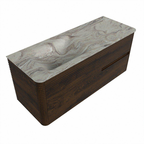 Mondiaz CIRO-DLUX Meuble de salle de bains - 120x45x50cm - plan vasque en solid surface Glace - 1 lavabo à gauche - sans trous de robinetterie - 2 tiroirs - Noyer SW1530267