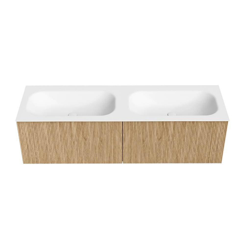 MONDIAZ KURVE Meuble de salle de bains 150 cm couleur Oak avec 2 tiroirs. Vasque BIG SMALL double sans trou de robinet Talc. SW1138212