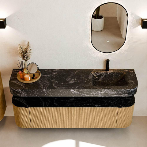 MONDIAZ THOR-DLUX 170cm meuble de salle de bains arrondi gauche + droite couleur Oak avec 1 tiroir et 2 portes. Vasque suspendue CLOUD Droite 1 trou de robinet couleur Lava. SW1465449