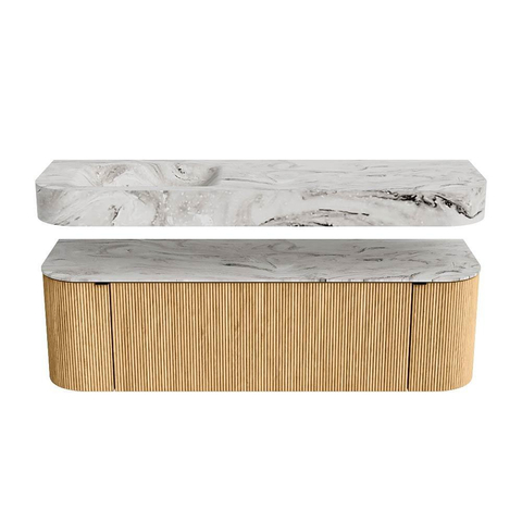 MONDIAZ THOR-DLUX 150cm badmeubel ronding links + rechts kleur Oak met 1 lade en 2 deuren. Vrijhangende wastafel CLOUD Links 1 kraangat kleur Glace. SW1464591