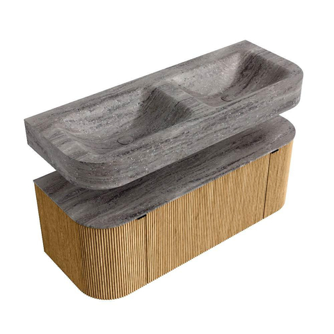 MONDIAZ THOR-DLUX 120cm meuble de salle de bains arrondi gauche + droite couleur Oak avec 1 tiroir et 2 portes. Vasque suspendue CLOUD Double 2 trous de robinet couleur Oza. SW1463395