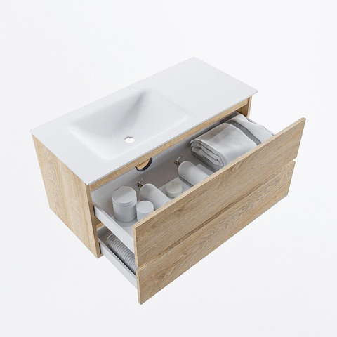 MONDIAZ VICA meuble sous lavabo 100cm Chêne blanchi 2 tiroirs. Lavabo CLOUD gauche 1 trou de robinet, couleur Talc. SW1381947