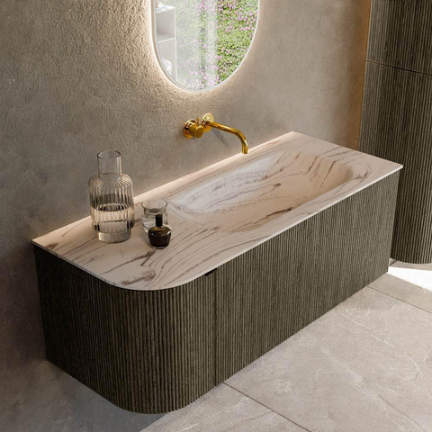 MONDIAZ KURVE-DLUX Meuble de salle de bains 115cm arrondi à gauche couleur Shadow avec 1 tiroir et 1 porte. Lavabo BIG SMALL à droite sans trou de robinet Nata. SW1432279