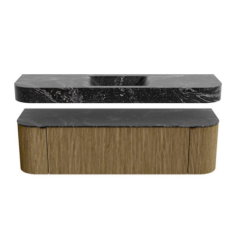 MONDIAZ THOR-DLUX 160cm meuble de salle de bains arrondi gauche + droite couleur Dusk avec 1 tiroir et 2 portes. Vasque suspendue CLOUD Milieu 1 trou de robinet couleur Lava. SW1465248