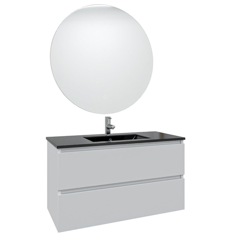 Saniclass Chaci Meuble de salle de bain - 100x46x55cm - lavabo en céramique noir - 1 vasque - 1 trou de robinet - 2 tiroirs - ronde miroir avec éclairage - blanc mat SW816292