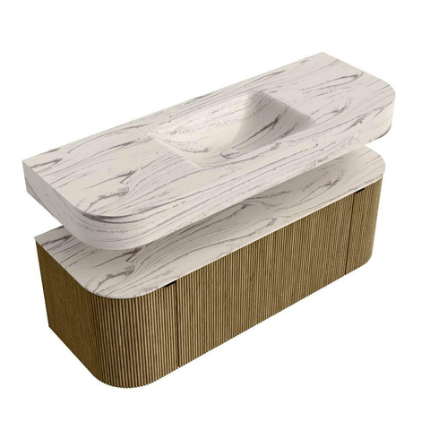 MONDIAZ THOR-DLUX 130cm meuble de salle de bains arrondi gauche + droite couleur Dusk avec 1 tiroir et 2 portes. Vasque suspendue CLOUD Milieu 1 trou de robinet couleur Nata. SW1463867