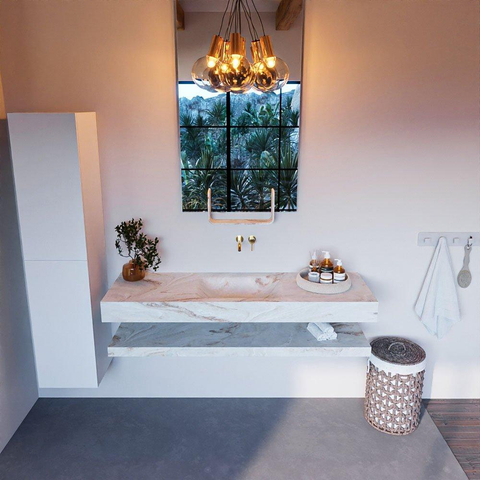 Mondiaz ALAN-DLUX Ensemble de meuble - 150cm - meuble Frappe mat - 0 tiroirs - Lavabo Cloud Frappe suspendu - vasque Centre - 0 trous de robinet SW808982
