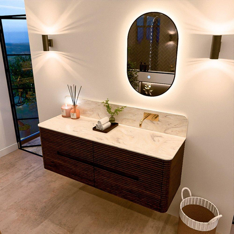 Mondiaz CIRO-DLUX Badkamermeubelset - 140x45x50cm - Solid surface wastafel Ostra - 1 wasbak Rechts - zonder kraangaten - 4 lades - Walnut SW1530405