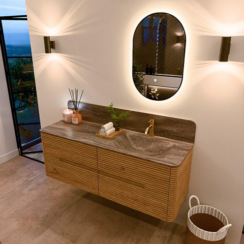Mondiaz CIRO-DLUX Ensemble de meubles de salle de bains - 140x45x50cm - Plan vasque Solid surface Oza - 1 lavabo à droite - 1 trou de robinet - 4 tiroirs - Chêne SW1531149