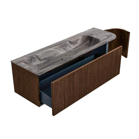MONDIAZ KURVE-DLUX Meuble de salle de bains 145cm arrondi à droite couleur Walnut avec 1 tiroir et 1 porte. Lavabo BIG LARGE à gauche 2 trous de robinet Sombra. SW1433691