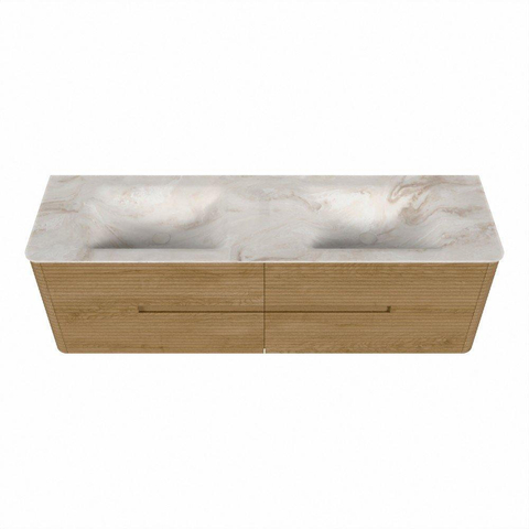 Mondiaz CIRO-DLUX Badkamermeubelset - 160x45x50cm - Solid surface wastafel Frappe - 2 wasbak Dubbel - 2 kraangaten - 4 lades - Oak SW1530877