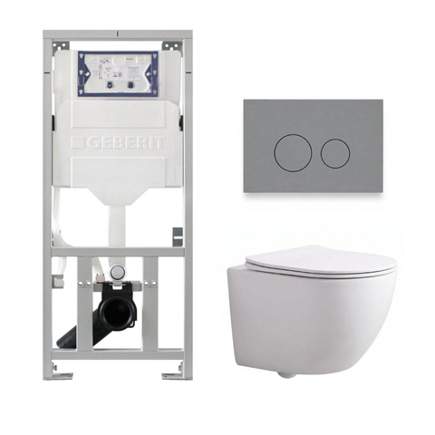 Pack WC QeramiQ Dely Swirl Compact - réservoir encastrable Geberit UP320 - avec bâti-support Burda - abattant slim - plaque de commande en plastique gris clair - boutons ronds - blanc brillant SW1592300