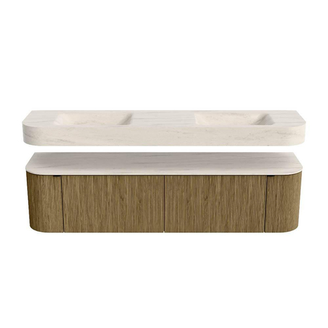 MONDIAZ THOR-DLUX Meuble de salle de bains 180cm arrondi gauche + droite couleur Dusk avec 2 tiroirs et 2 portes. Vasque suspendue CLOUD Double sans trou de robinet couleur Meli. SW1466169