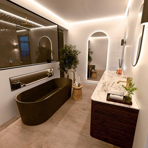 Mondiaz CIRO-DLUX Ensemble de meubles de salle de bains - 190x45x50cm - lavabo solid surface Glace - 1 vasque à droite - 1 trou de robinet - 4 tiroirs - Noyer SW1530277