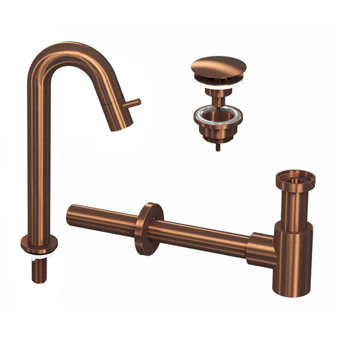 INK 5A Kit robinet lave-mains - robinet lave-mains sur pied - hautement courbé - toujours ouvert - bonde et siphon design - Mat rose doré SW693044