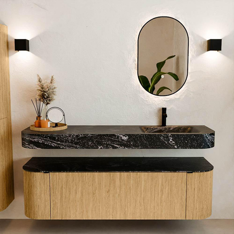 MONDIAZ THOR-DLUX 160cm meuble de salle de bains arrondi gauche + droite couleur Oak avec 1 tiroir et 2 portes. Vasque suspendue CLOUD droite 1 trou de robinet couleur Lava. SW1464963