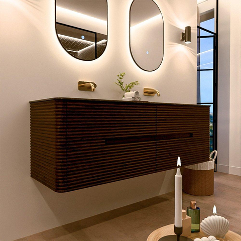 Mondiaz CIRO-DLUX Badkamermeubelset - 150x45x50cm - Solid surface wastafel Lava - 2 wasbak Dubbel - zonder kraangaten - 4 lades - Walnut SW1530172
