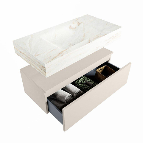 Mondiaz ALAN-DLUX Ensemble de meuble - 90cm - meuble Linen mat - 1 tiroir - Lavabo Cloud Frappe suspendu - vasque Centre - 0 trous de robinet SW805302