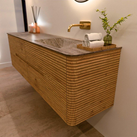 Mondiaz CIRO-DLUX Badkamermeubelset - 170x45x50cm - Solid surface wastafel Oza - 1 wasbak Rechts - zonder kraangaten - 4 lades - Oak SW1531145