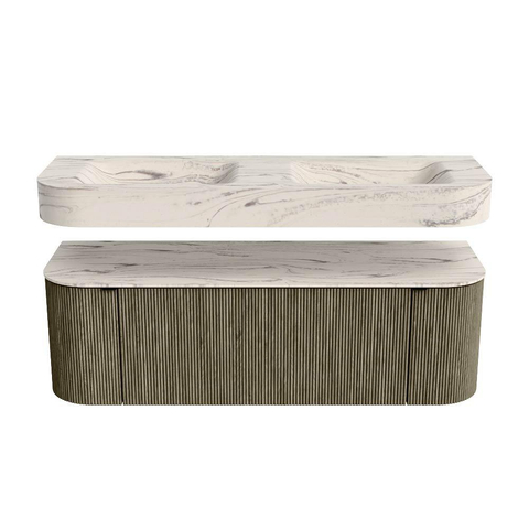 MONDIAZ THOR-DLUX 140cm meuble de salle de bains arrondi gauche + droite couleur Shadow avec 1 tiroir et 2 portes. Vasque suspendue CLOUD Double 2 trous de robinet couleur Nata. SW1464238