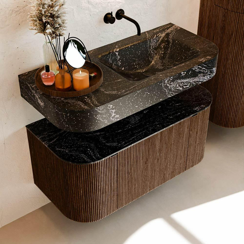 MONDIAZ THOR-DLUX 100cm meuble de salle de bains arrondi gauche + droite couleur Walnut avec 1 tiroir et 2 portes. Vasque suspendue CLOUD Droite sans trou de robinet couleur Lava. SW1467367