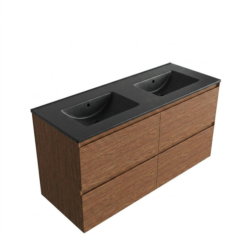 Saniclass Holz Pure Badkamermeubelset - 120x45x62cm - Vygo keramische wastafel zwart - 2 wasbakken - zonder kraangaten - 4 lades - mat walnut pure (hout) SW1478987