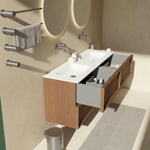 Saniclass Holz Frame Badkamermeubelset - 140x45x61.5cm - Flow solid surface wastafel wit - 2 wasbakken - zonder kraangaten - 4 lades - mat walnut pure (hout) SW1579781
