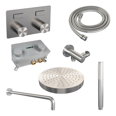 BRAUER Stripe Douche de pluie thermostatique encastrée - boutons-poussoirs - pomme de douche 25 cm - bras mural courbé - douchette sur barre - flexible de douche - coude mural - couleur inox brossé PVD SW1435237