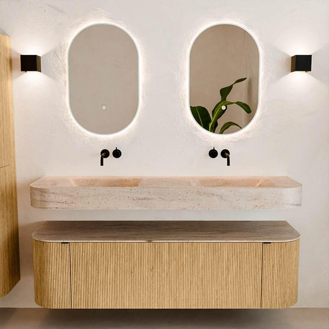 MONDIAZ THOR-DLUX 160cm meuble de salle de bains arrondi gauche + droite couleur Oak avec 1 tiroir et 2 portes. Vasque suspendue CLOUD Double sans trou de robinet couleur Saba. SW1467729